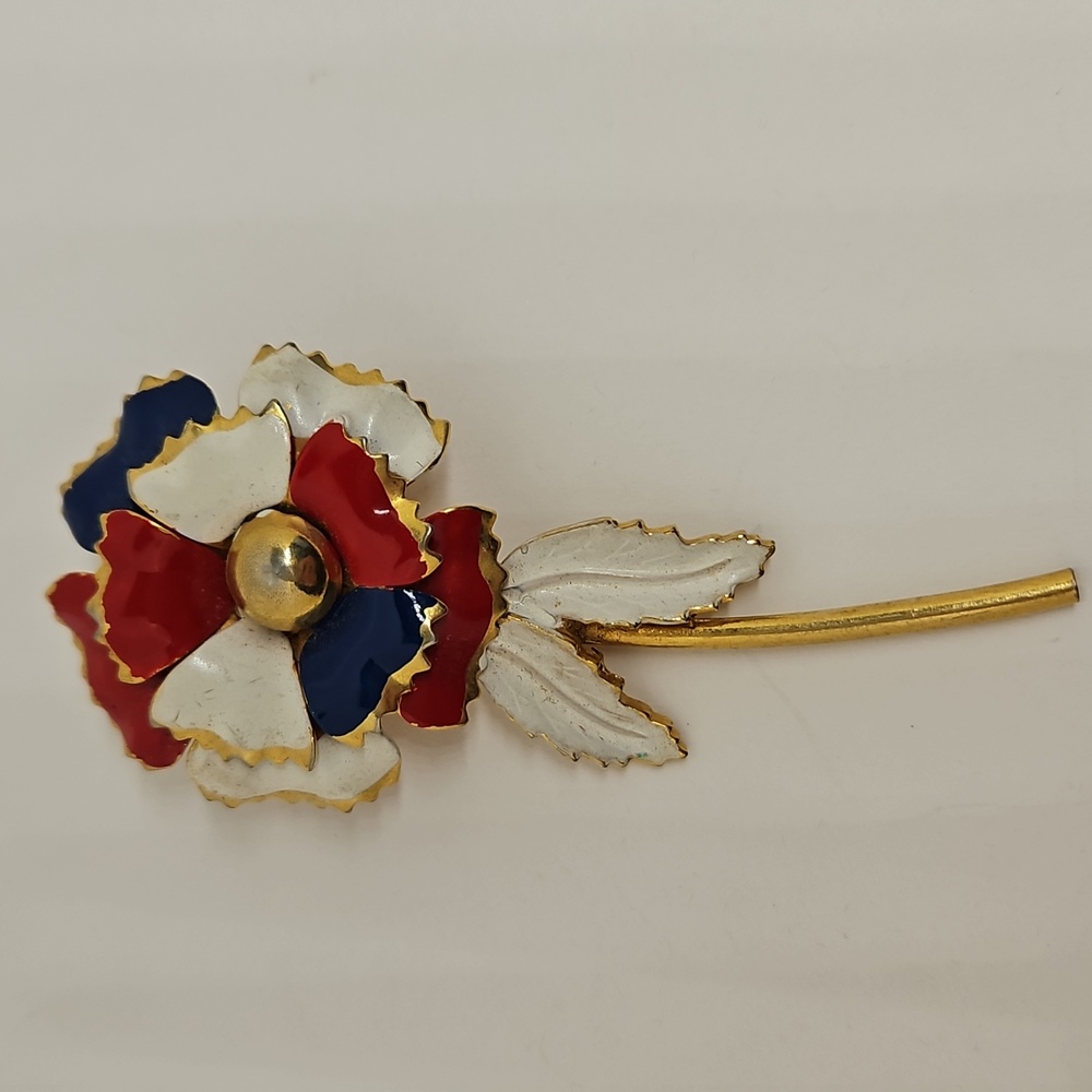 Enamel Flower Brooch Pin Red White & Blue Gold Tone Patriotic 4th of July VTG